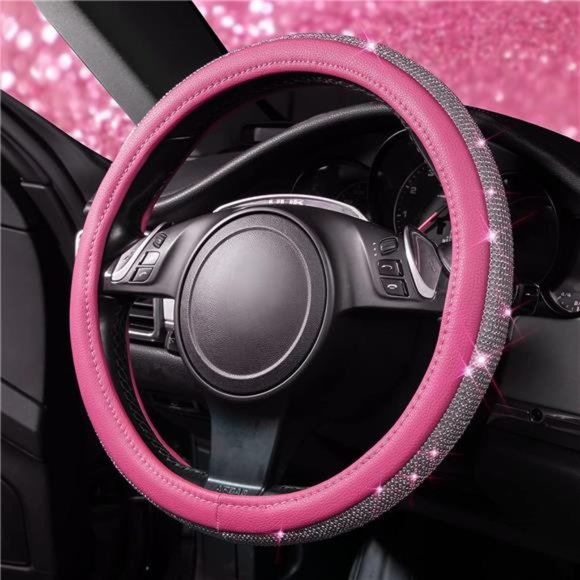 Diamond Pink Leather Steering Wheel Crystal Cover, Universal Fit 14" 1/2-15" - Picture 4 of 6